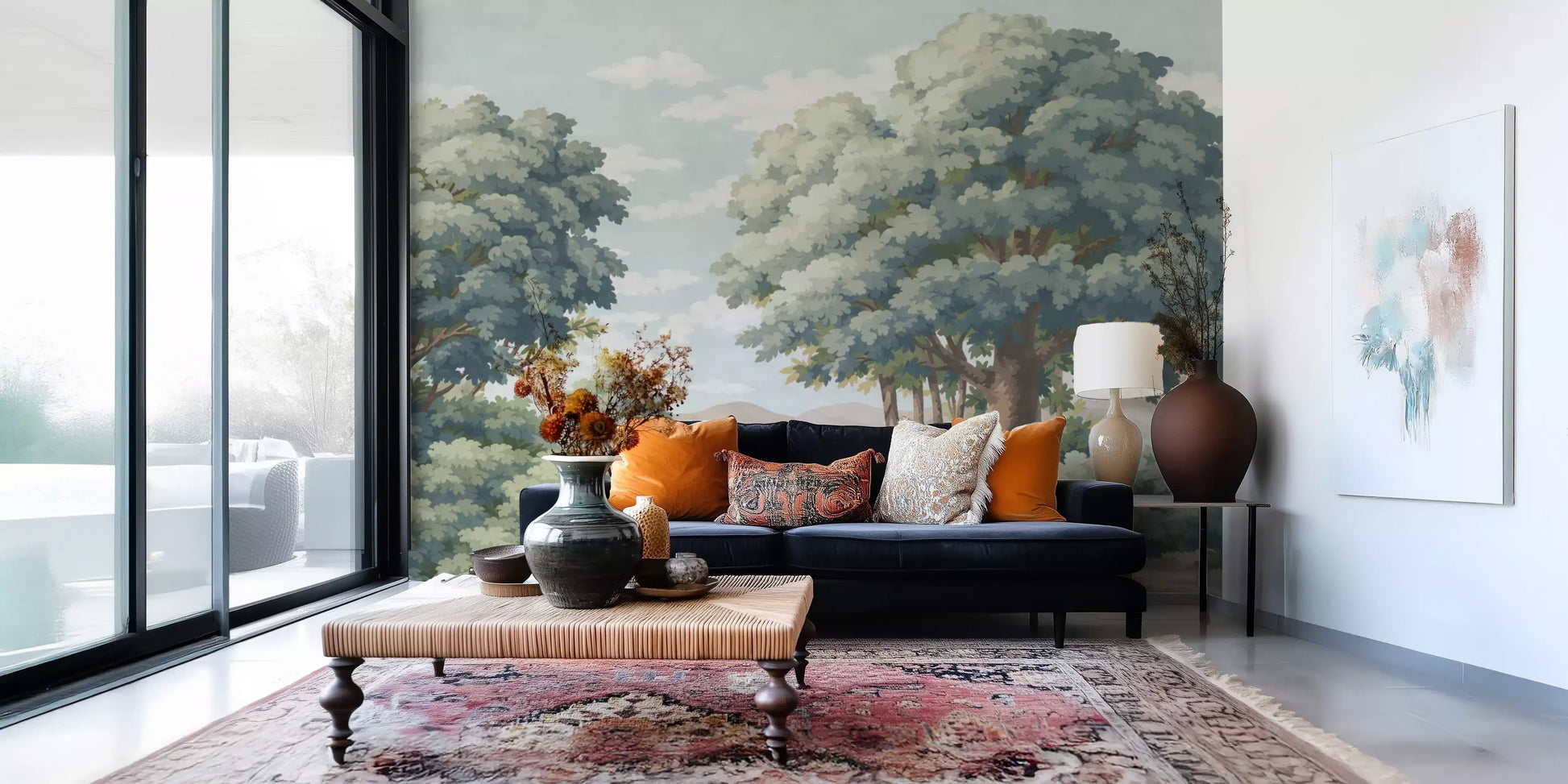 Home using green horizon mural with trees, clouds, and lake scenery