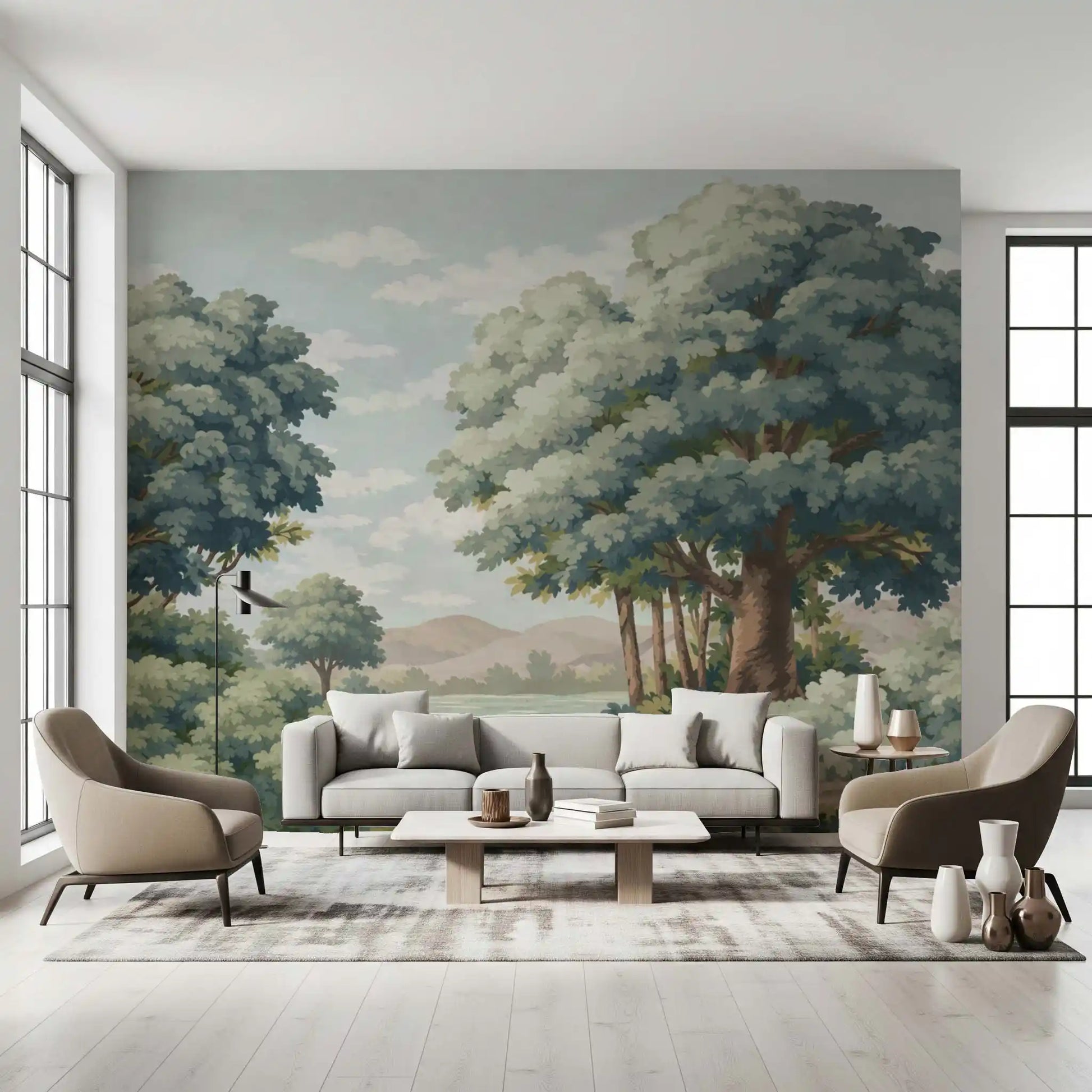 Hallway featuring lake wall mural with layered shrubs and distant hills