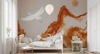 Bedroom wall mural showing Joseon Era Inspired cranes over ochre peaks