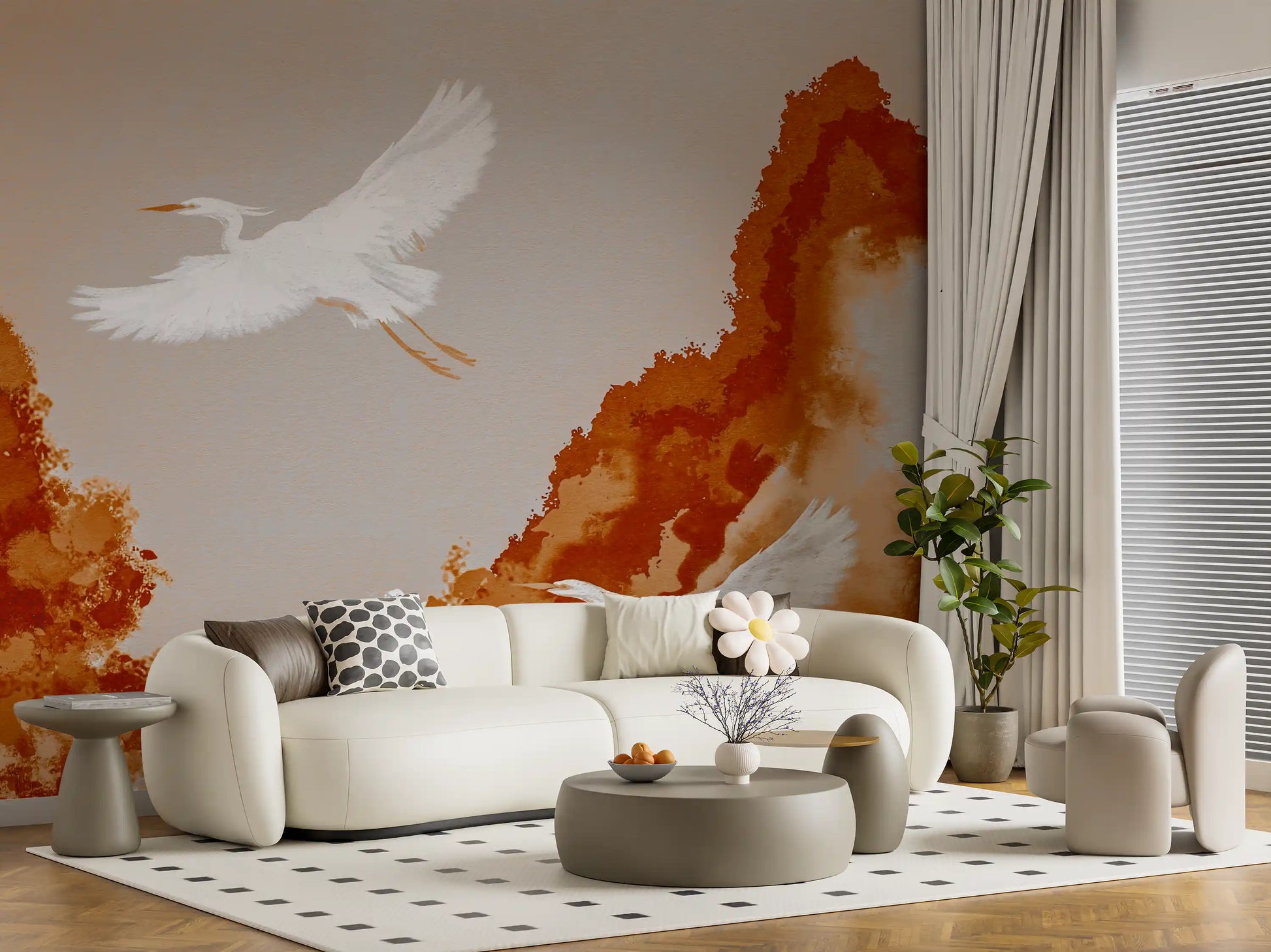 Watercolor landscape wall mural with soaring white cranes and pale backdrop