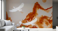 Living room wall mural with Ochre Horizon Cranes and misty mountain forms
