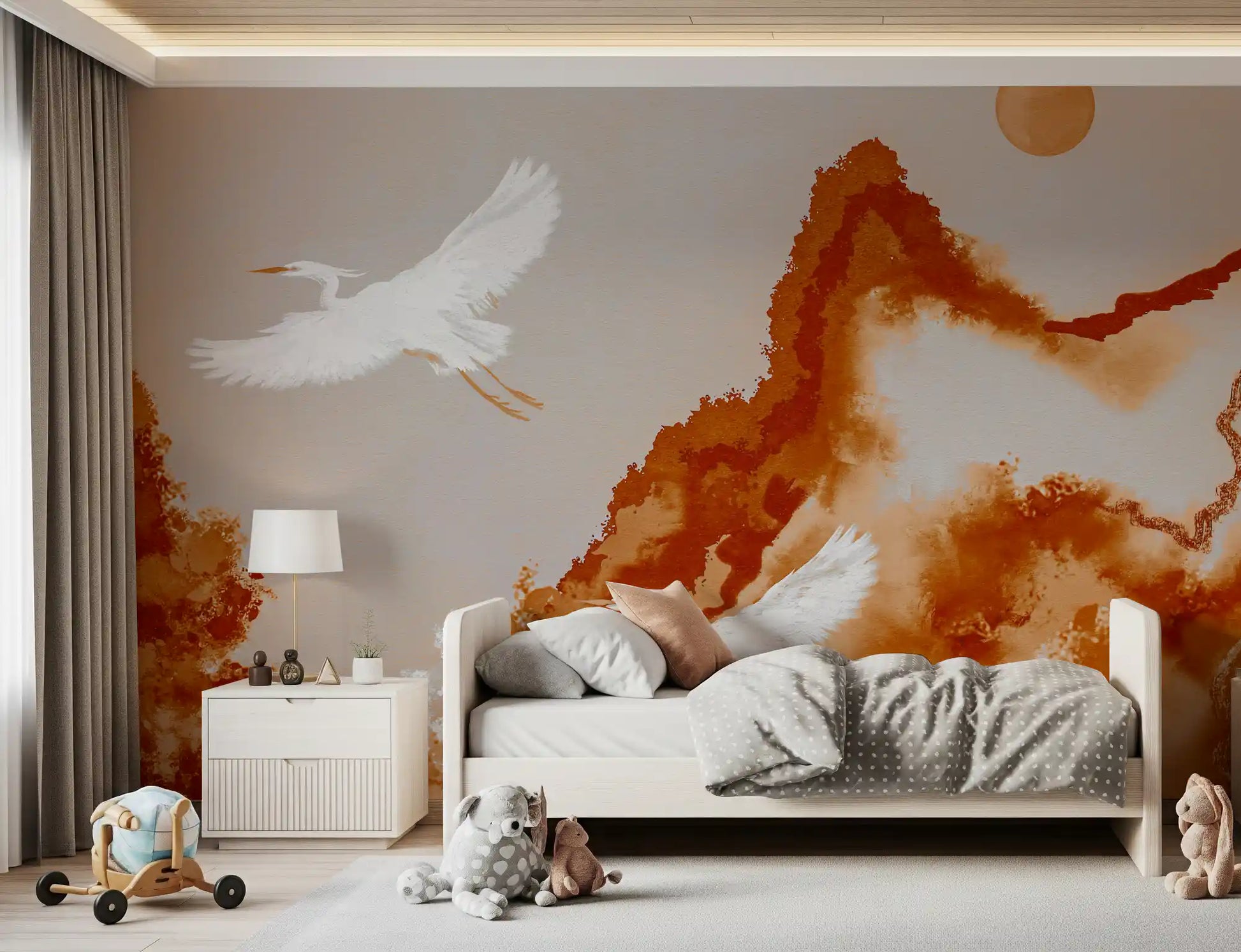 Office room wall mural using cranes flying artwork and ochre mountain shapes