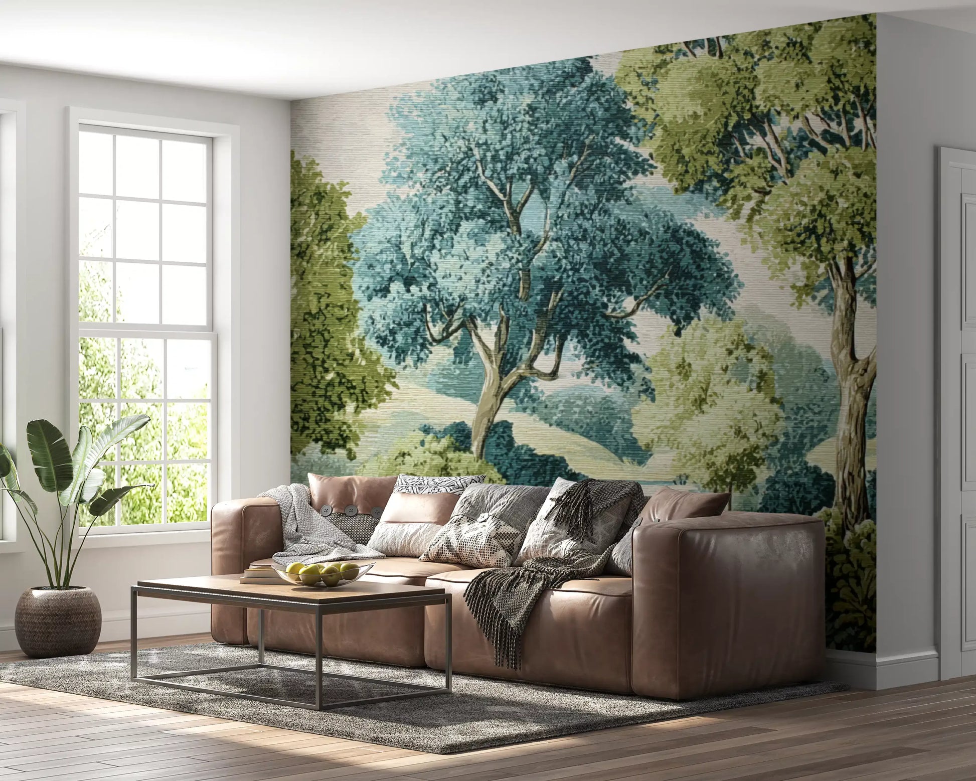Tree vista mural featuring blue-green water and classic outdoor scenery