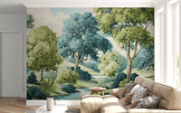 Living room using woodland vista mural with shrubs, hills, and river flow