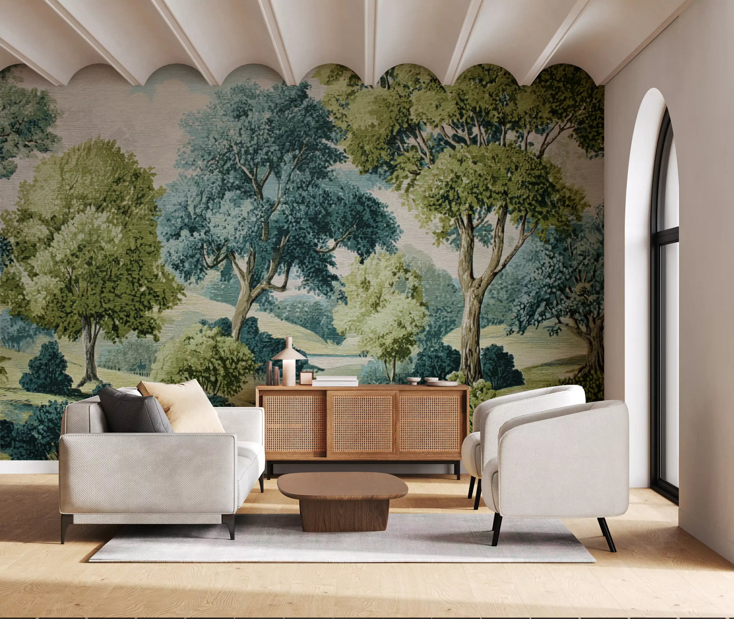 Living room with Tranquil Woodland River Vista Wall Mural and scenic depth