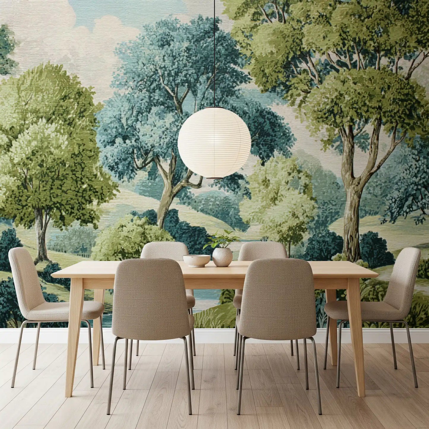 Dining room wall showing woodland river vista mural with soft green hills