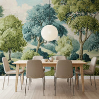 Dining room wall showing woodland river vista mural with soft green hills