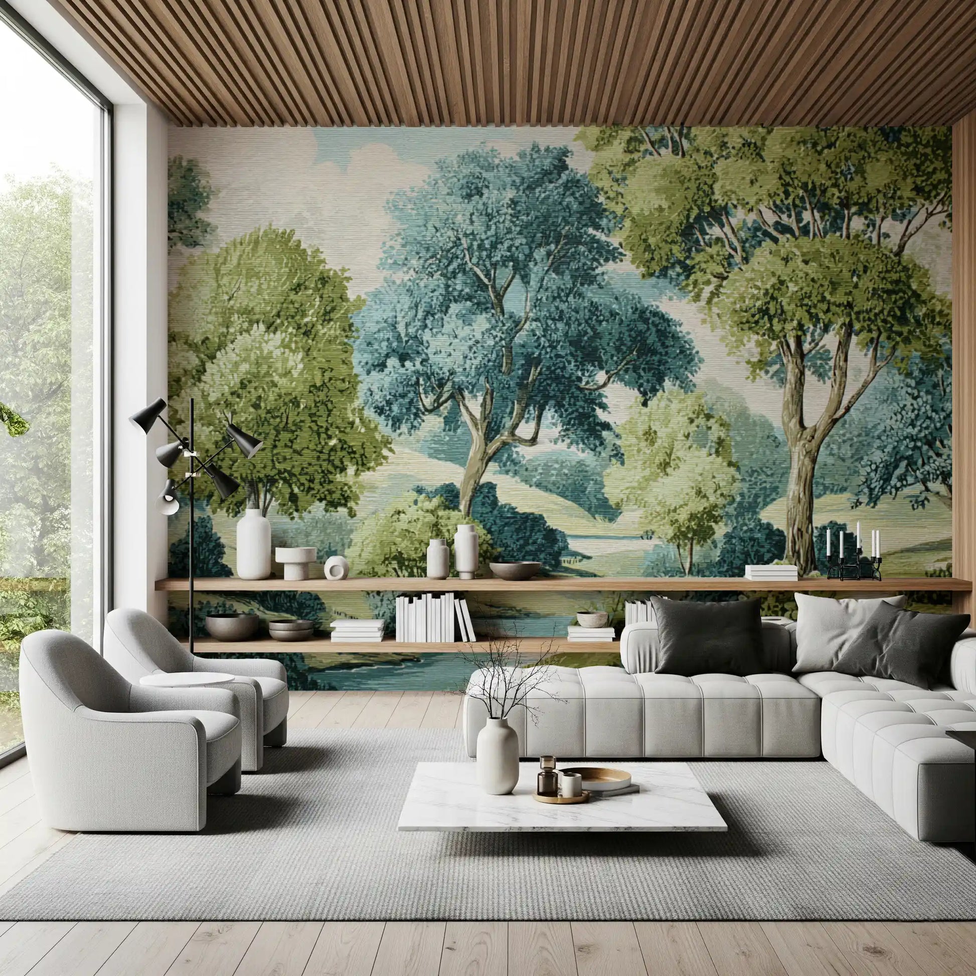 Woodland wall mural with green foliage, river bends, and natural depth
