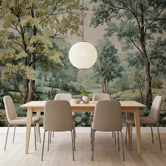 Dining room wall showing woodland river mural with soft green foliage