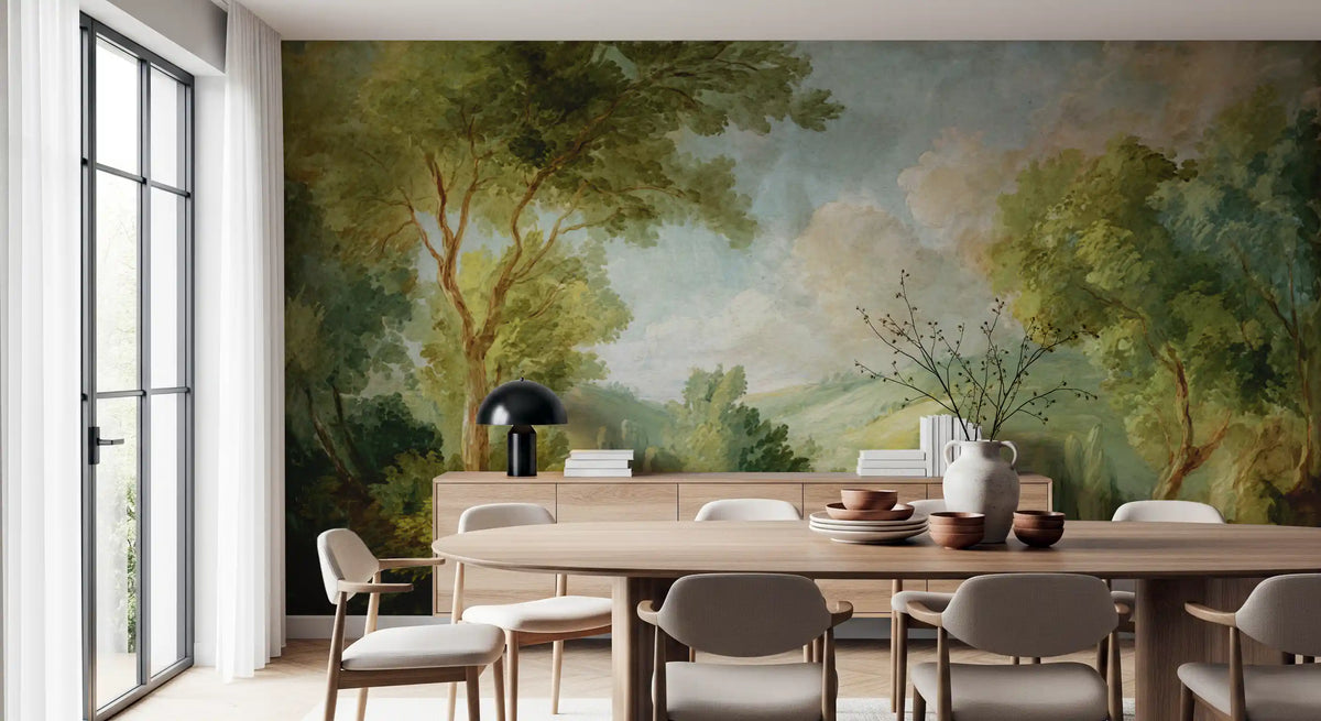 Dining room wall mural with Green Landscape Dream trees and rolling hills