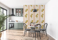 Dining room using Olive Lemon Branch Wallpaper with slim side border lines