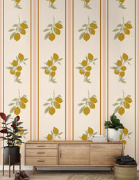 Lemon motif wallpaper with pale backdrop and neat botanical spacing