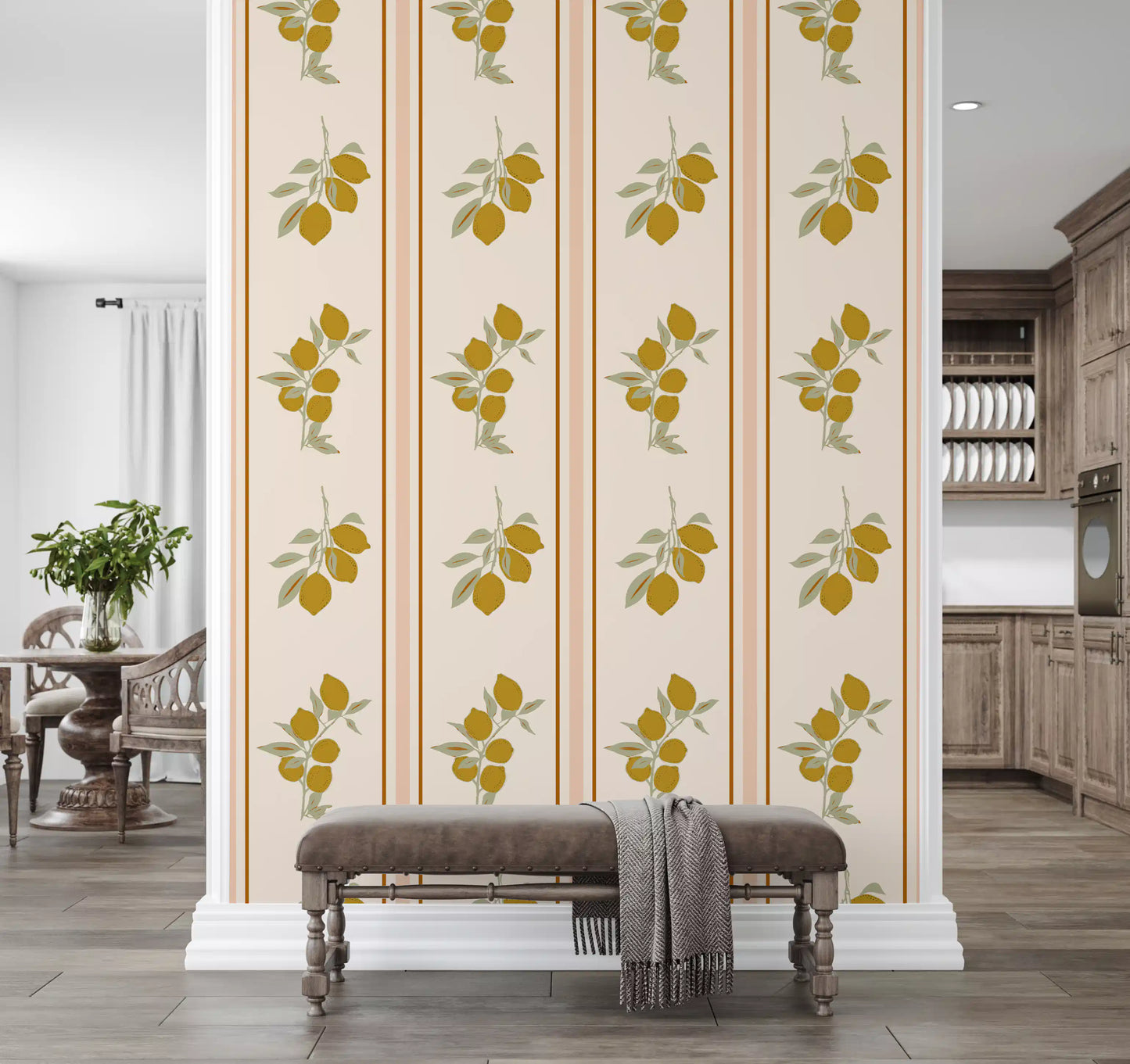 Olive Lemon Branch Wallpaper with hanging lemons and muted olive leaves