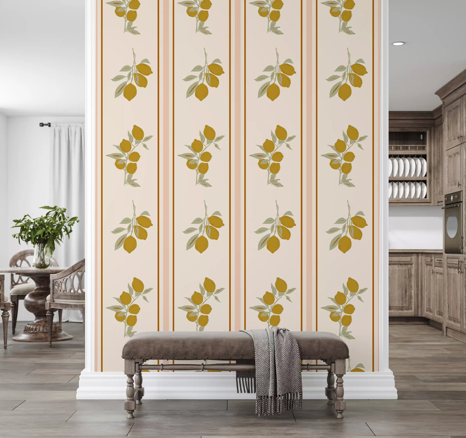 Olive Lemon Branch Wallpaper with hanging lemons and muted olive leaves