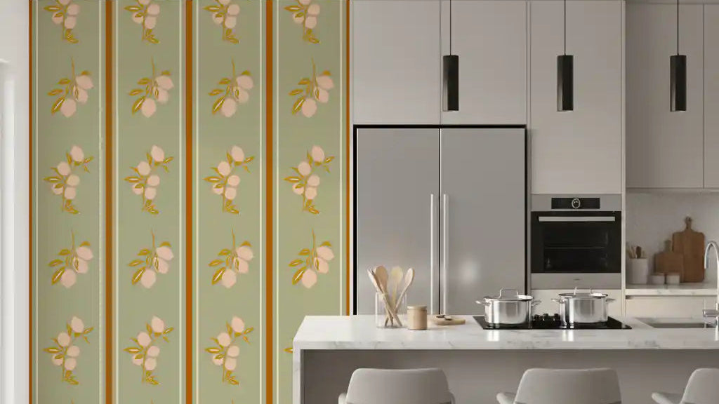 Lemon panel wallpaper featuring light fruit artwork and calm green colour