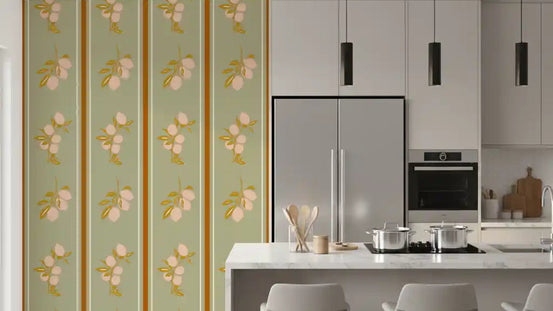 Lemon panel wallpaper featuring light fruit artwork and calm green colour