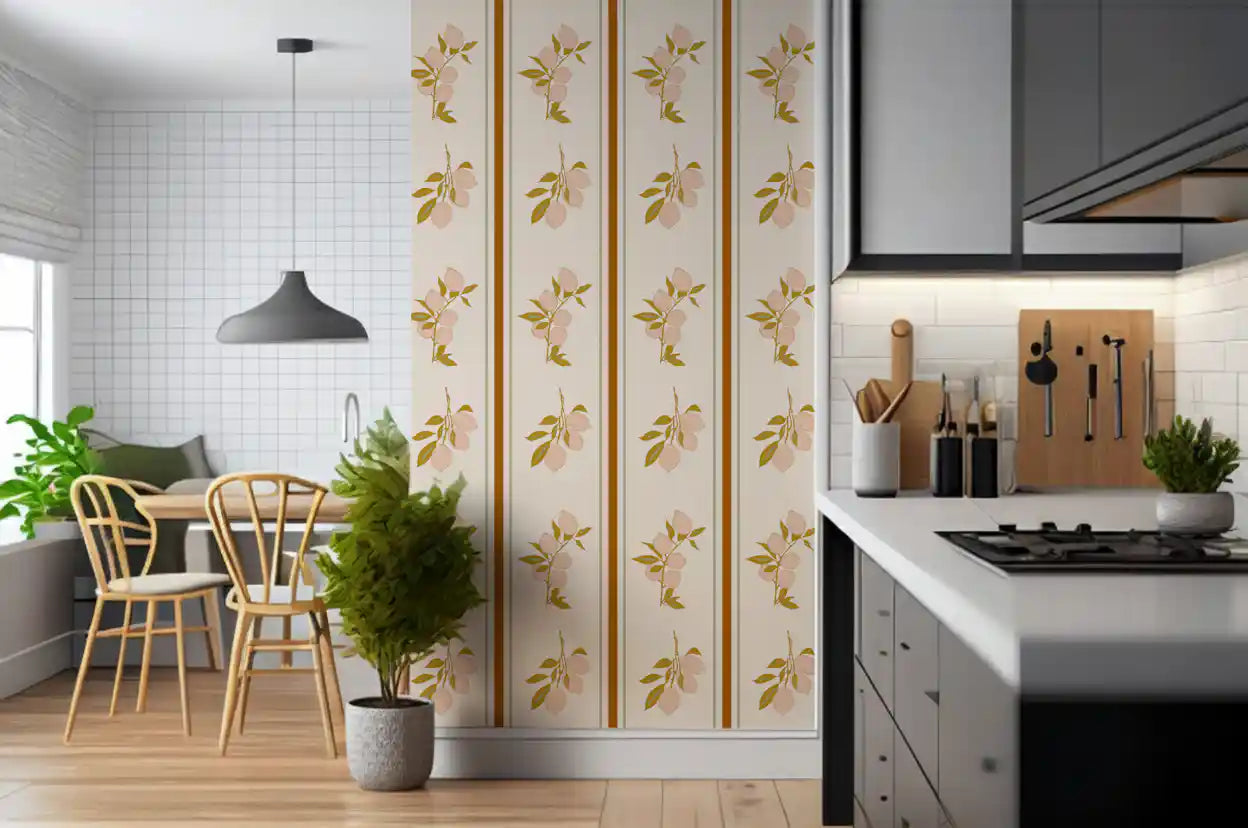 Mediterranean wallpaper showing citrus branches on a pale neutral background