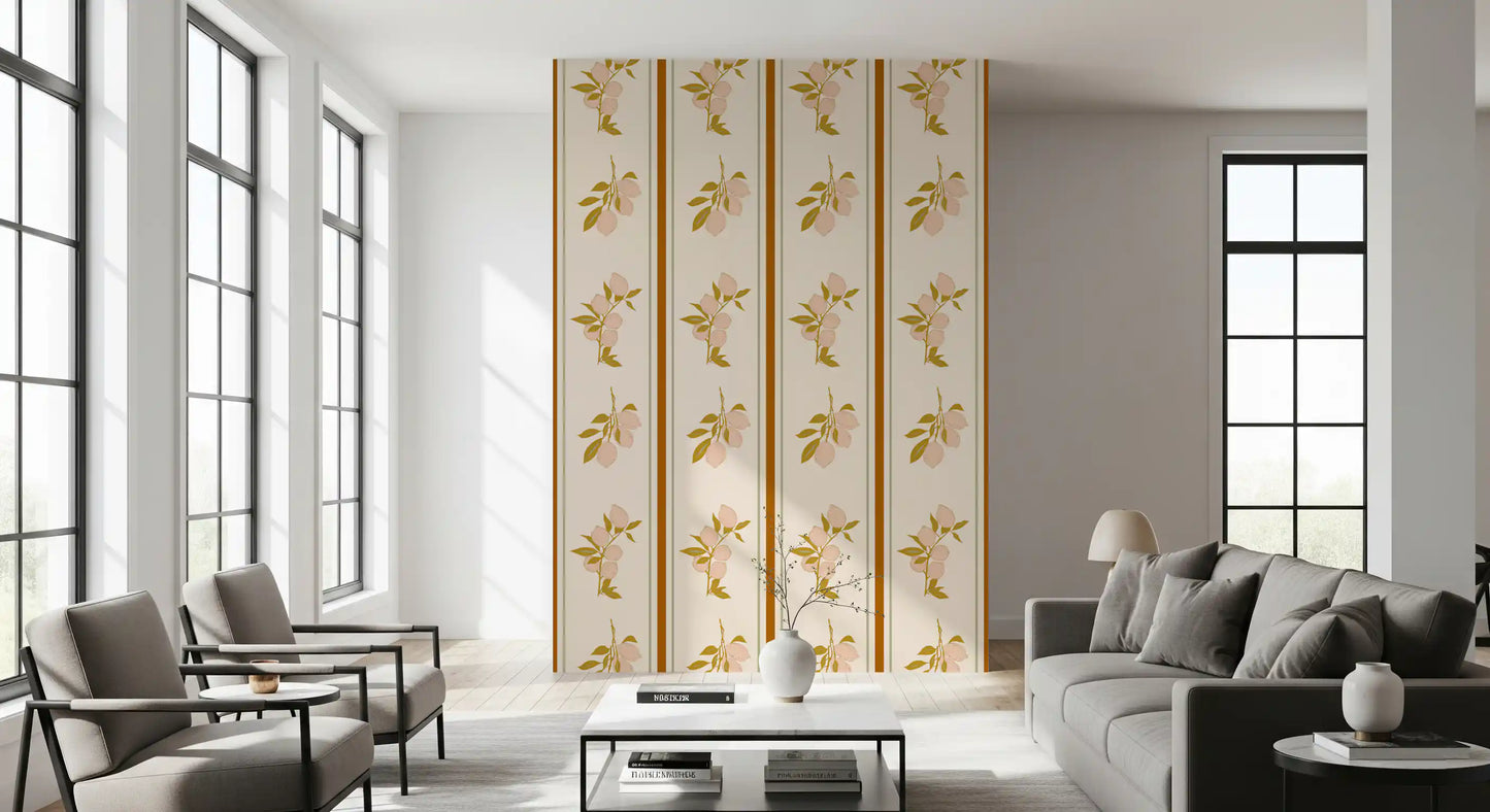 Pink Lemon Branch Wallpaper with hanging fruit and slender leafy stems