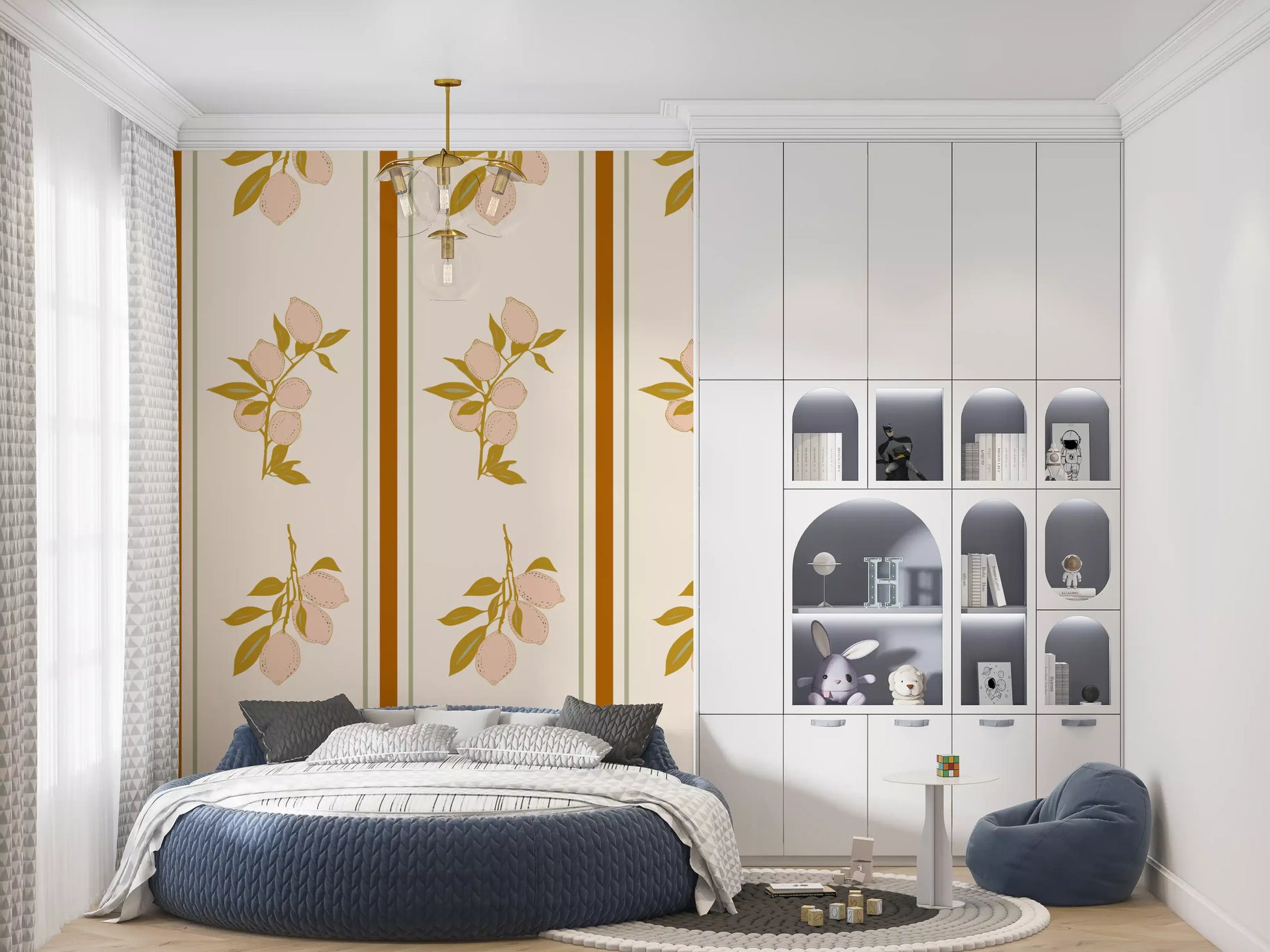 Bedroom wall showing pink lemon wallpaper with delicate branch illustration