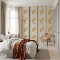 Bedroom with lemon branch wallpaper and a framed vertical arrangement