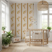 Citrus branch wallpaper featuring blush lemons and muted green leaves