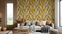 Boho organic wallpaper featuring blush leaf forms and olive stripe flow