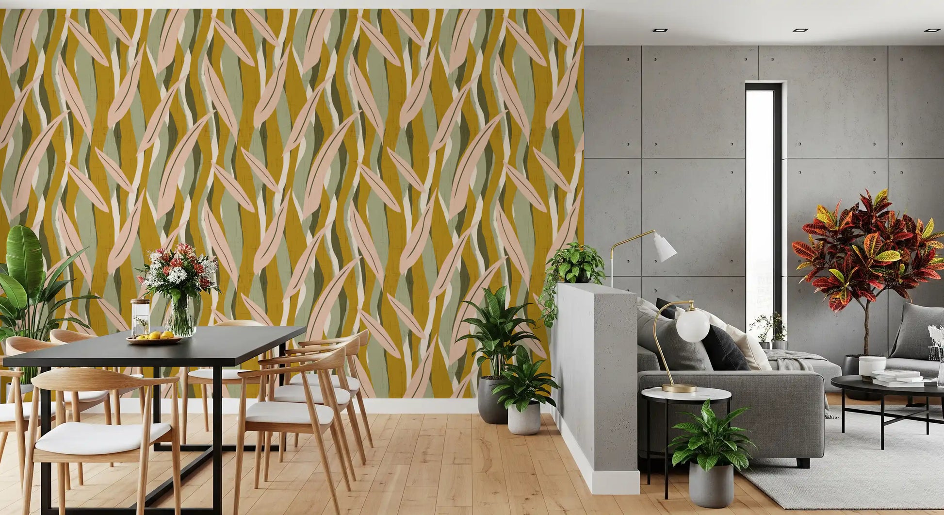 Olive foliage wallpaper showing vertical organic bands and muted colour contrast