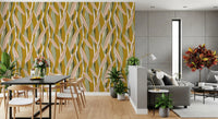 Olive foliage wallpaper showing vertical organic bands and muted colour contrast