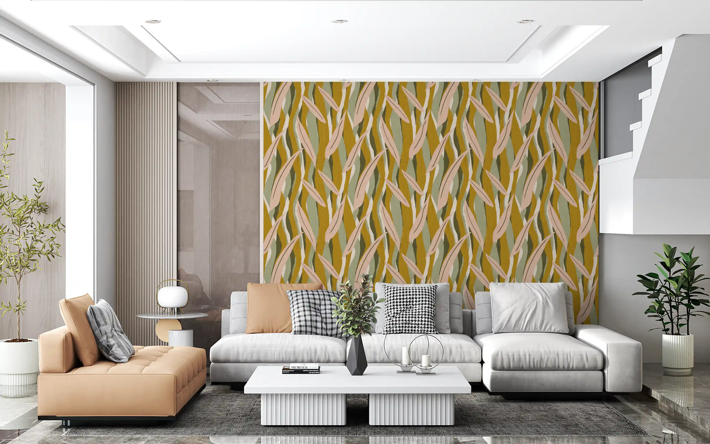 Hallway wall showing leaf stripe wallpaper with blush and olive foliage