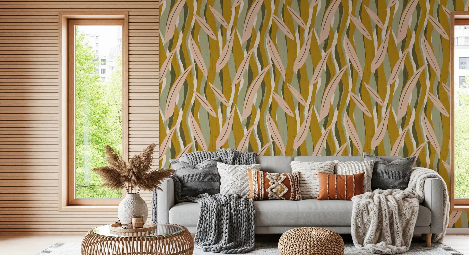 Olive Pink Leaf Stripe Wallpaper with layered foliage and warm mustard tones