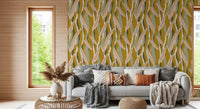 Olive Pink Leaf Stripe Wallpaper with layered foliage and warm mustard tones