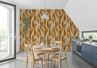 Terracotta botanical wallpaper showing long leaves and natural colour depth