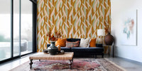 Olive foliage wallpaper with vertical stripe flow and earthy warm tones