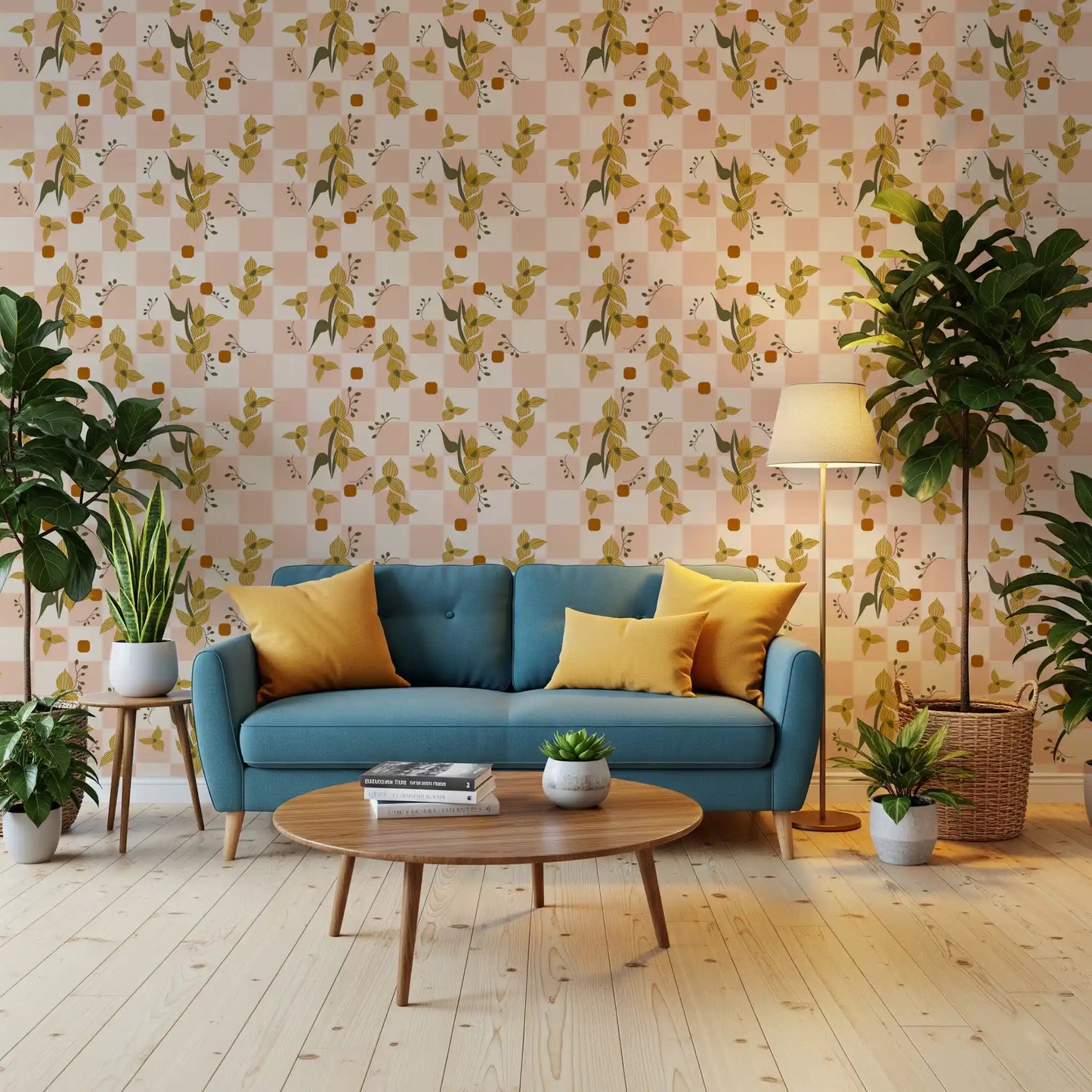 Boho floral wallpaper with checked layout and warm botanical accents