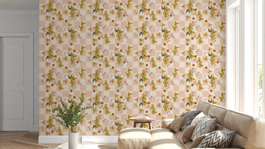 Living room with Pink Checker Floral Wallpaper and retro boho blossom blocks