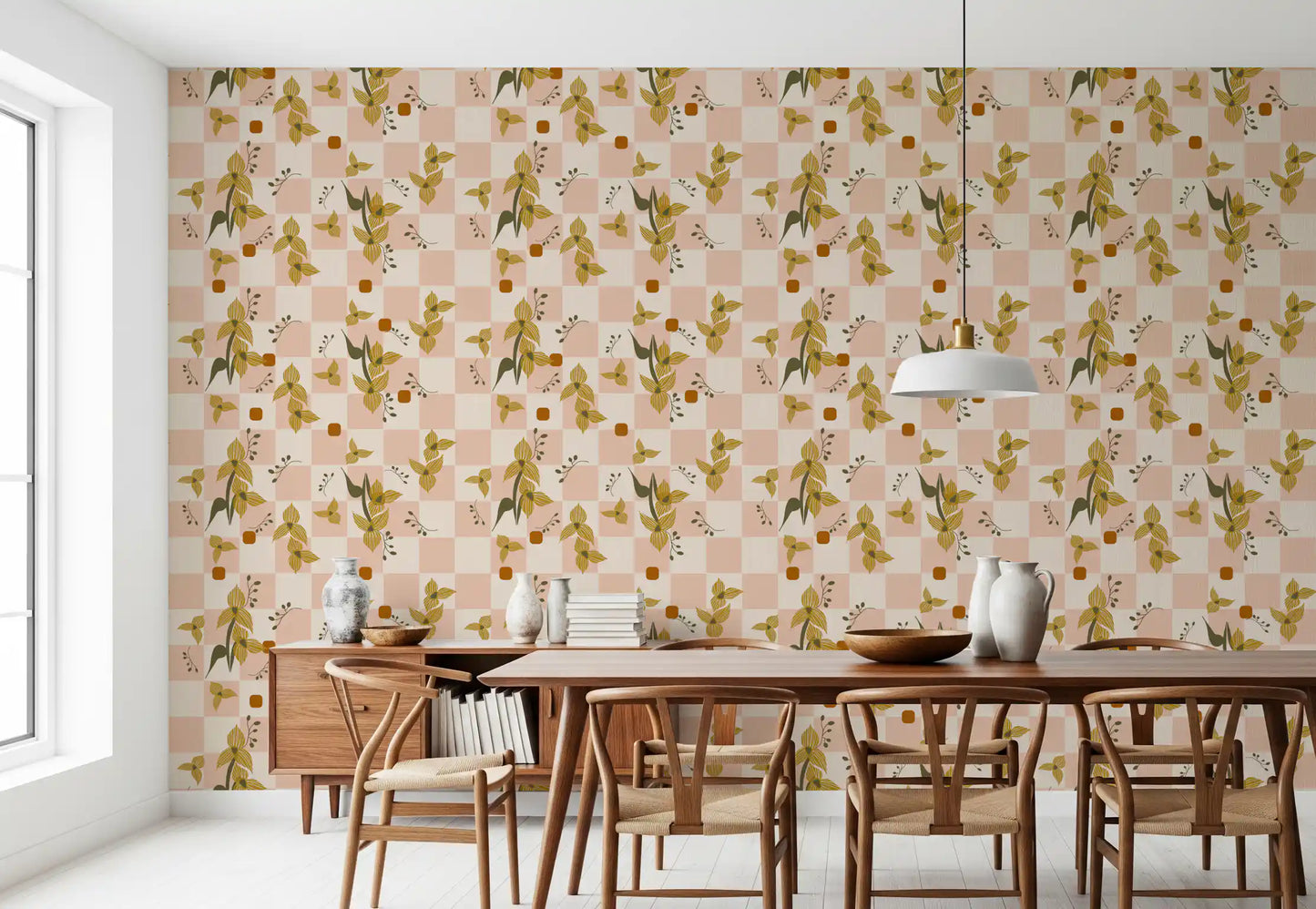 Office room using Checker Floral Wallpaper with blush bloom accents