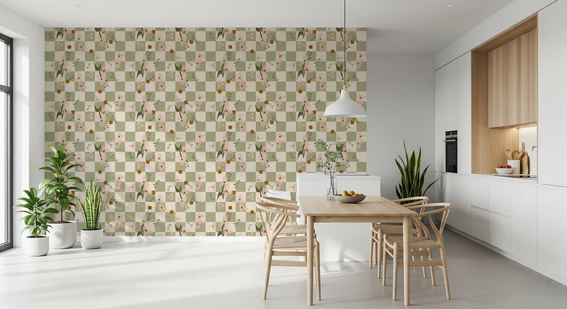 Checker floral wallpaper with a soft grid layout and botanical linework