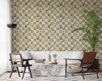 Sage Checker Floral Wallpaper with pale blossoms and trailing stem artwork