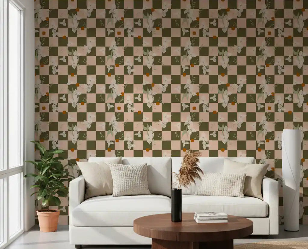 Office area with Olive Checker Floral Wallpaper in a warm retro boho pattern