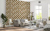 Olive Checker Floral Wallpaper with blush blocks and delicate floral artwork
