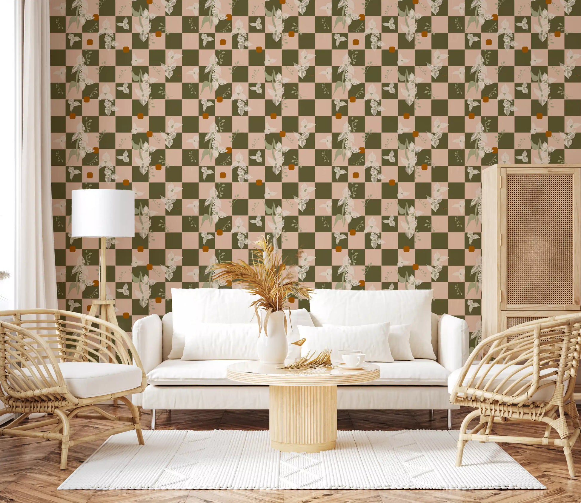 Hallway wall featuring Retro Boho Wallpaper and soft olive floral blocks
