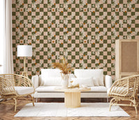 Hallway wall featuring Retro Boho Wallpaper and soft olive floral blocks
