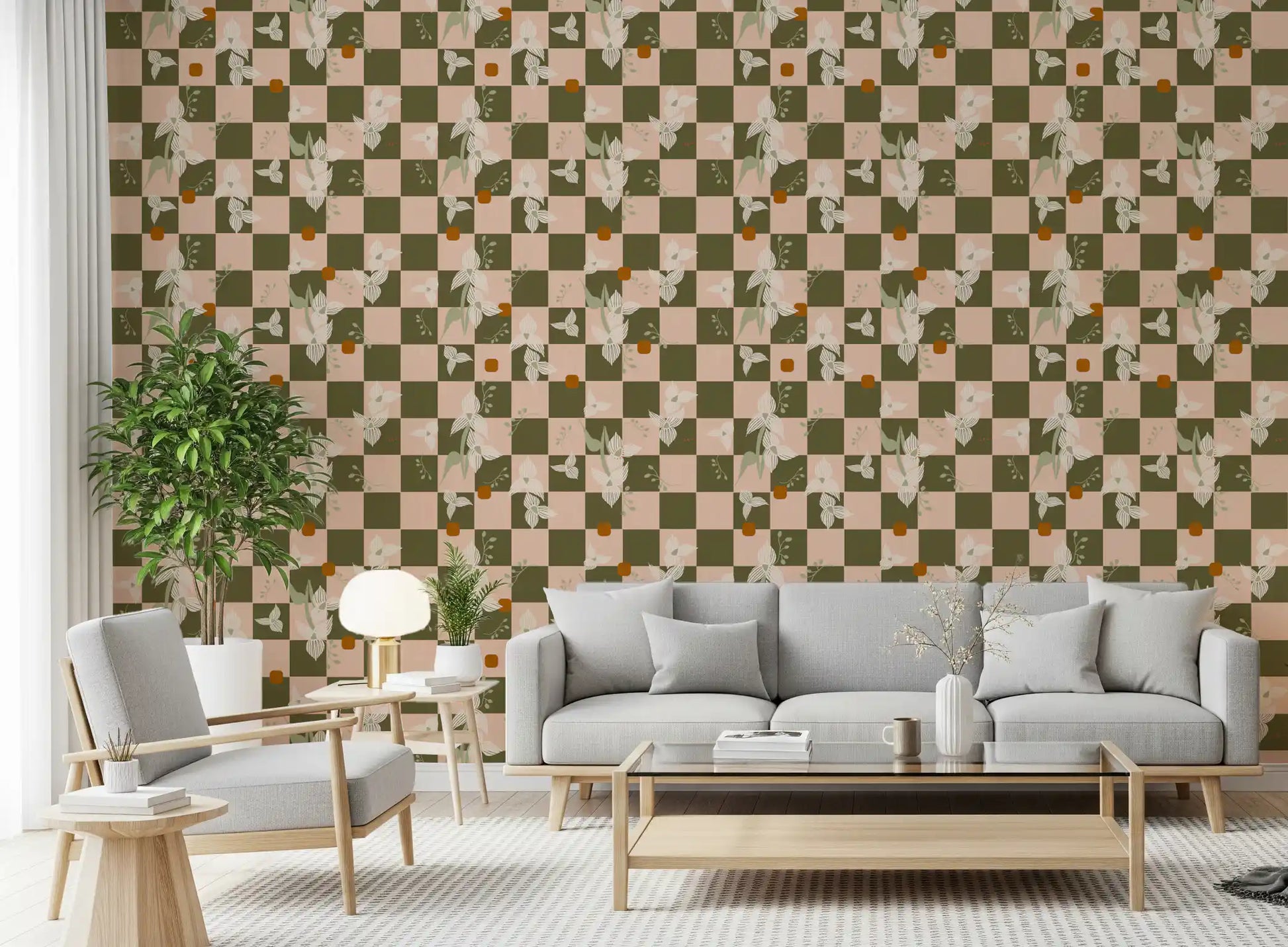Retro boho wallpaper featuring olive checks, cream blossoms, and leaf accents