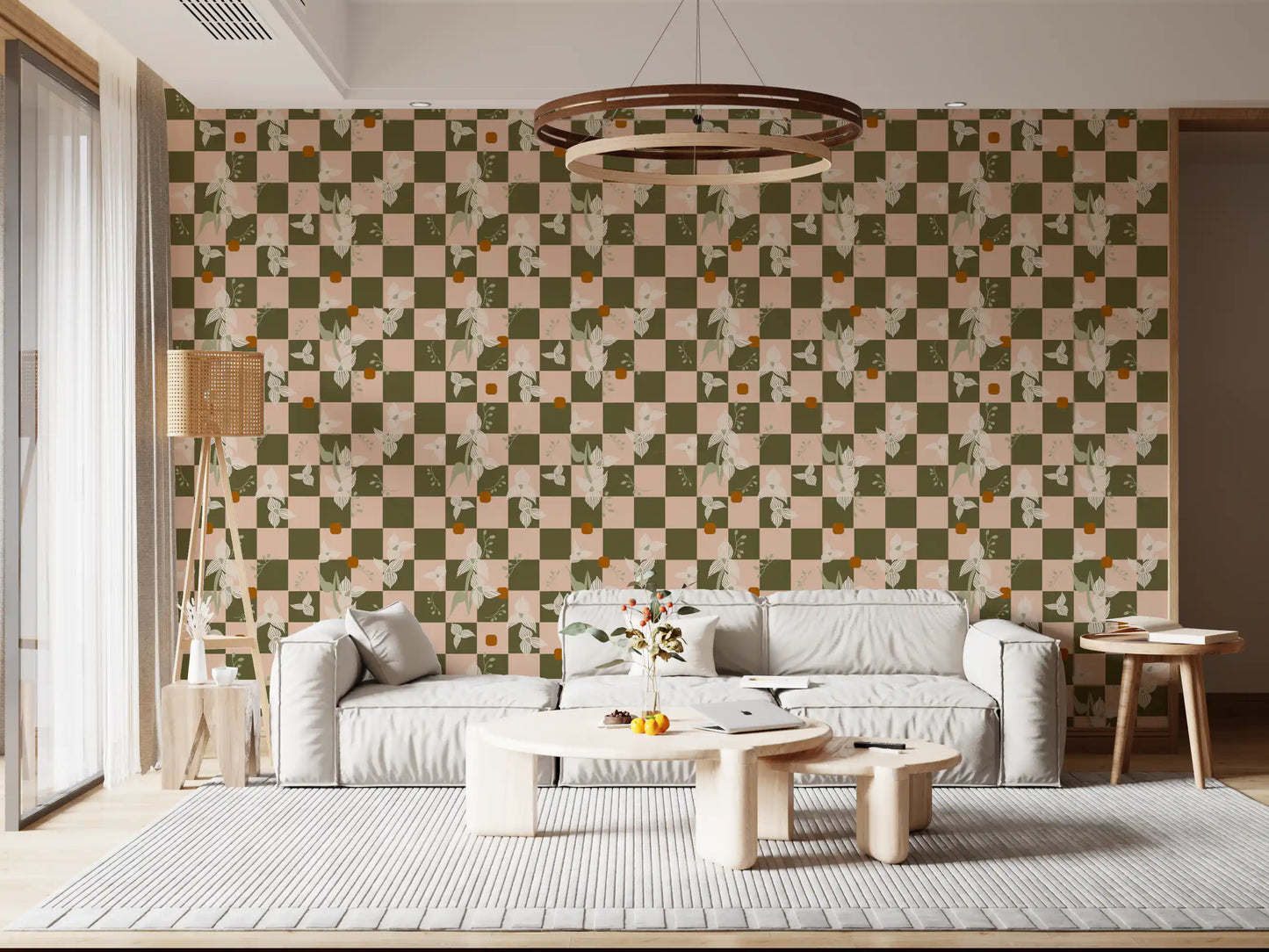 Living room with Olive Floral Wallpaper in a checked botanical layout