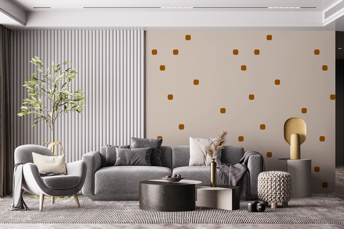 Soft retro wallpaper featuring creamy blush tones and rounded caramel dots