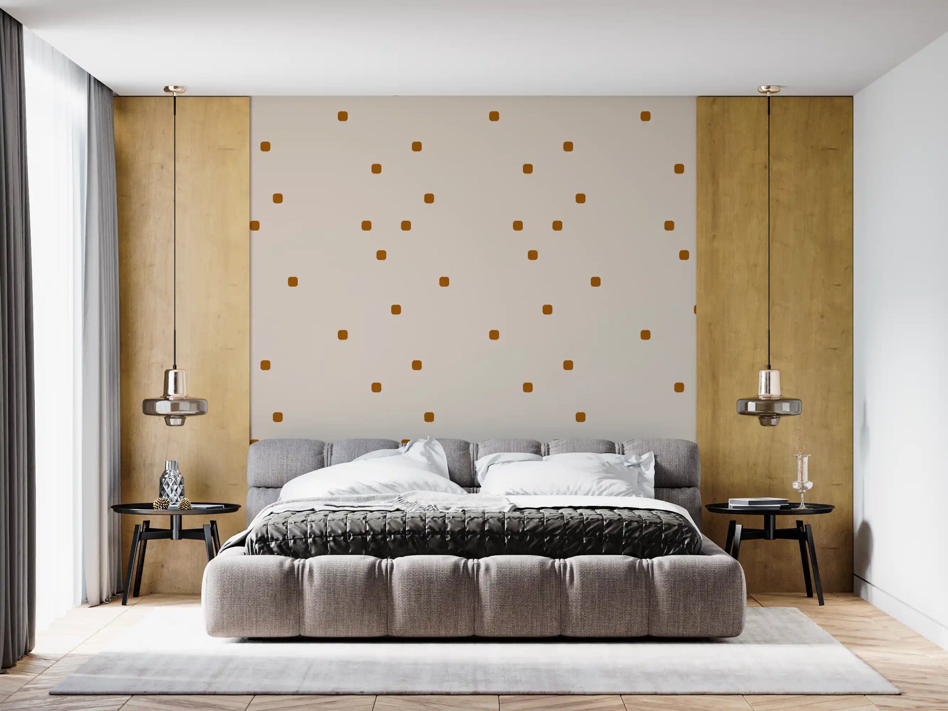 Bedroom with Blush Spot Wallpaper and calm caramel mark detailing