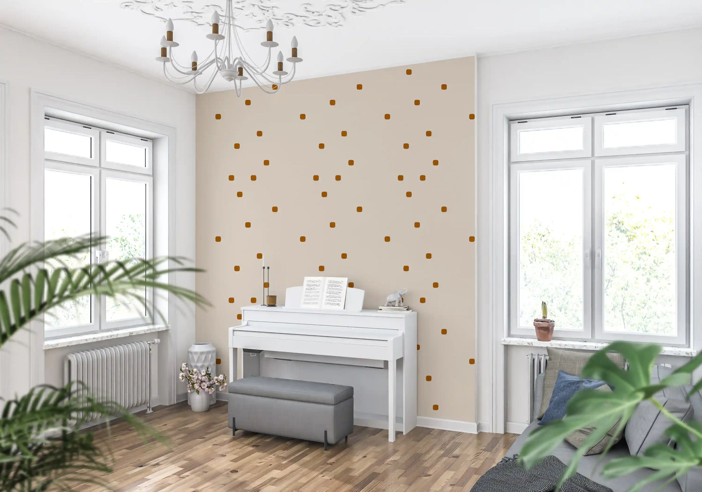 Blush beige wallpaper showing minimal dotted detail and quiet visual rhythm