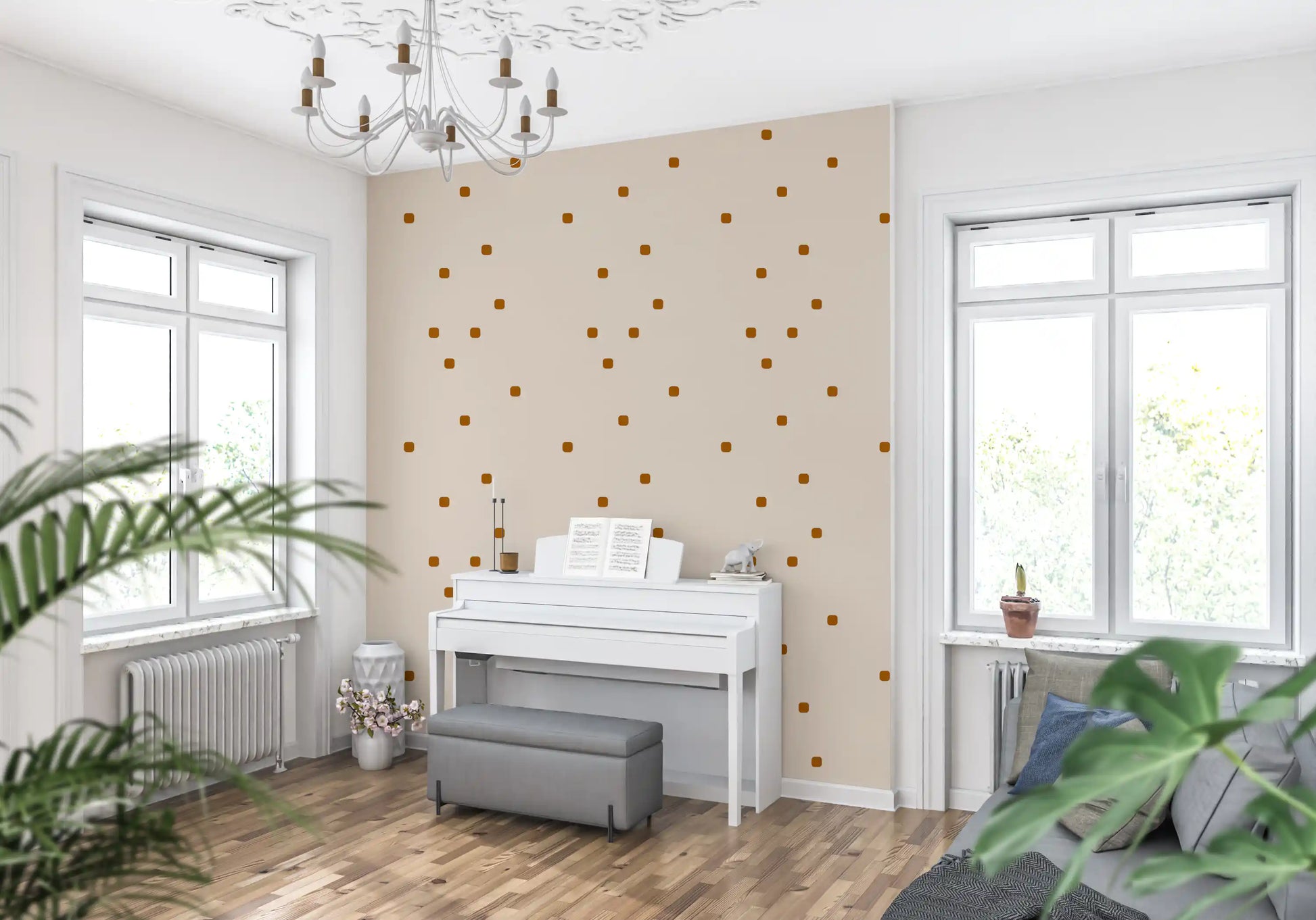 Blush beige wallpaper showing minimal dotted detail and quiet visual rhythm