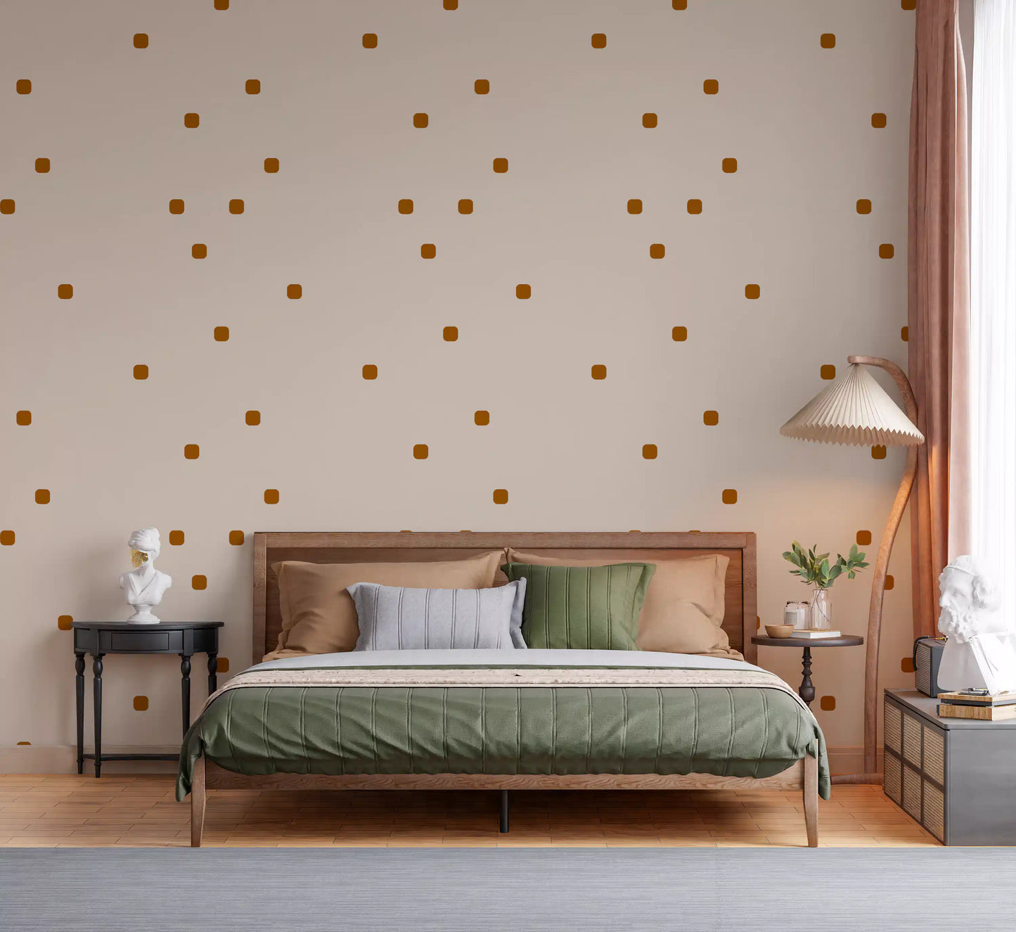 Bedroom wall showing Beige Blush Wallpaper with warm rounded spot accents