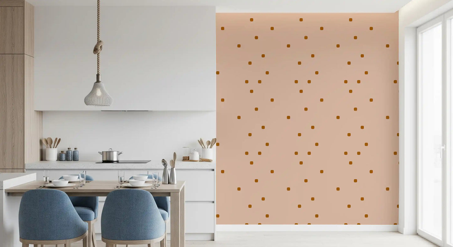 Dining room with blush dotted wallpaper and earthy brown spot accents